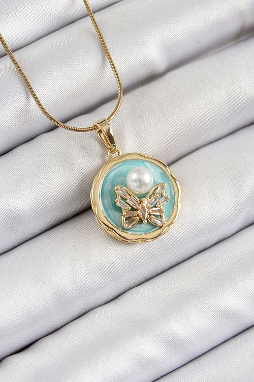 YRTCL 316L Çelik Zincir Zirkon Taşlı Turkuaz Sanatsal Portre İnci Detaylı Kelebek Model Gold Renk Kadın Kolye