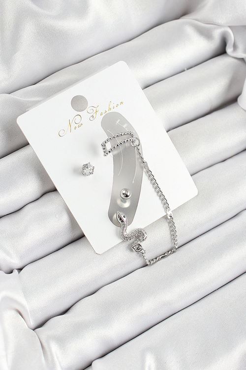 YRTCL Pirinç Yılan Figürlü Zirkon Taşlı Gümüş Renk 3'lü Kıkırdak Kadın Küpe Set