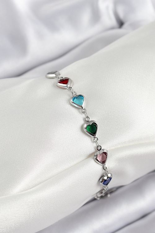 YRTCL Pirinç Gümüş Renk Karışık Renk Kalp Zirkon Taşlı Kadın Bileklik