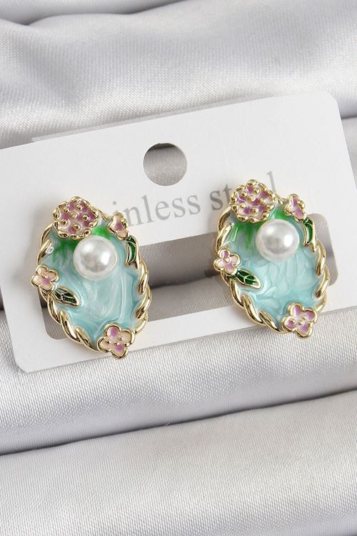 YRTCL Pirinç Yeşil Mineli İnci Detaylı Sanatsal Portre Model Gold Renk Kadın Küpe