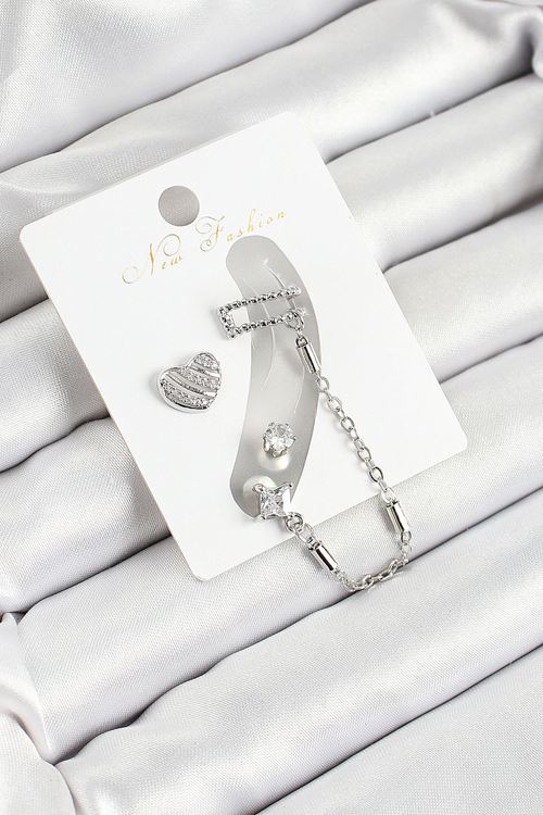 YRTCL Pirinç Kalp Figürlü Zirkon Taşlı Gümüş Renk 3'lü Kıkırdak Kadın Küpe Set