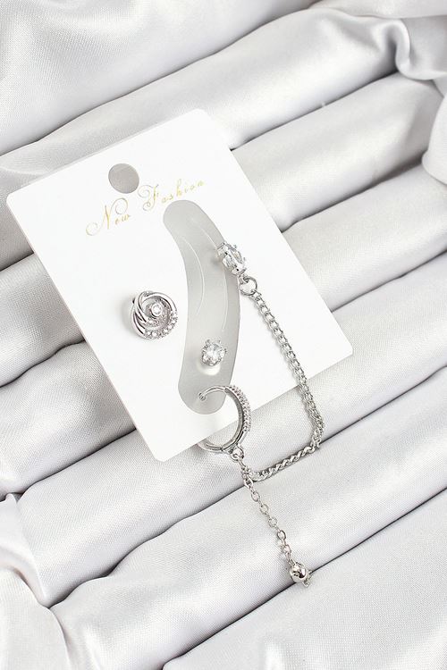 YRTCL Pirinç Halka Figürlü Zirkon Taşlı Gümüş Renk 3'lü Kıkırdak Kadın Küpe Set