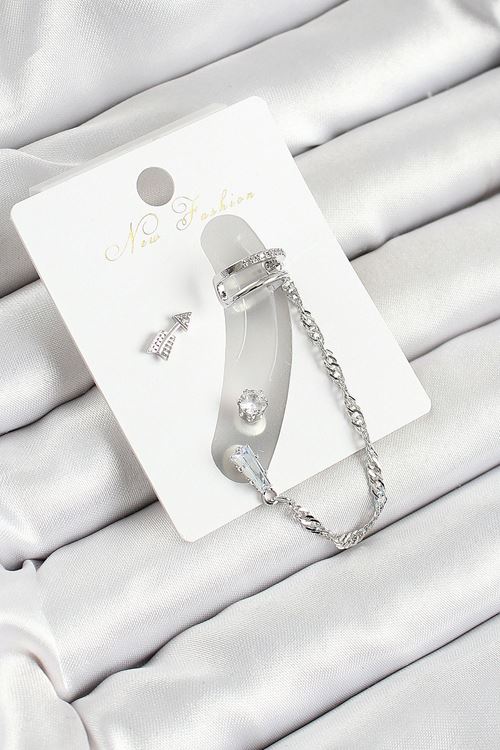 YRTCL Pirinç Ok Figürlü Zirkon Taşlı Gümüş Renk 3'lü Kıkırdak Kadın Küpe Set