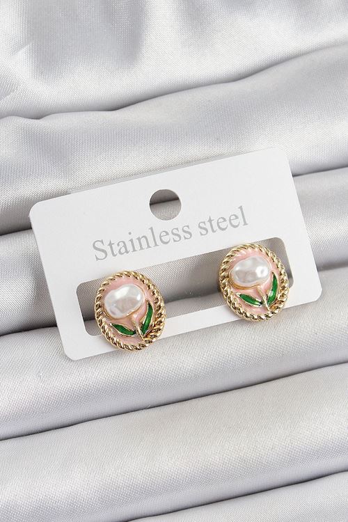 YRTCL Pirinç Pembe Mineli Lale Figürlü Sanatsal Portre Model Gold Renk Kadın Küpe