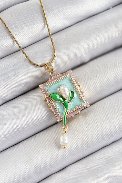 YRTCL 316L Çelik Zincir Turkuaz Sanatsal Portre Sallantılı İnci Detaylı Lale Model Gold Renk Kadın Kolye