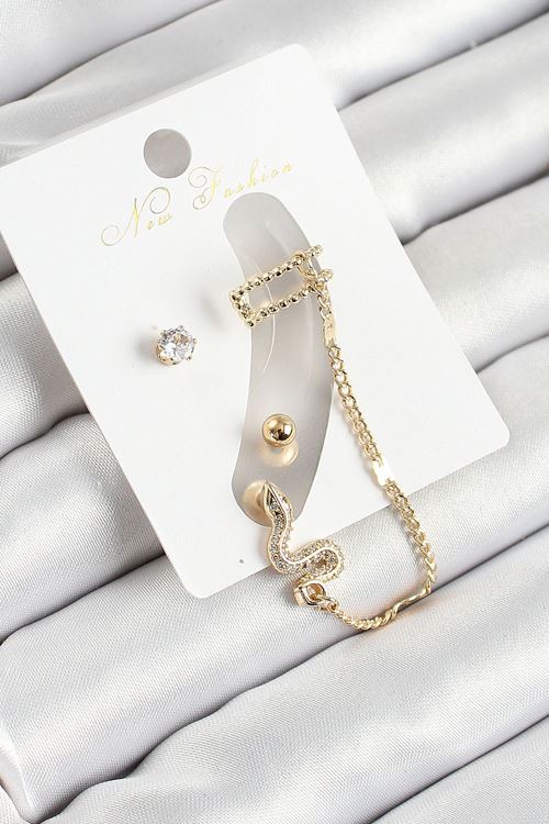 YRTCL Pirinç Yılan Figürlü Zirkon Taşlı Gold Renk 3'lü Kıkırdak Kadın Küpe Set