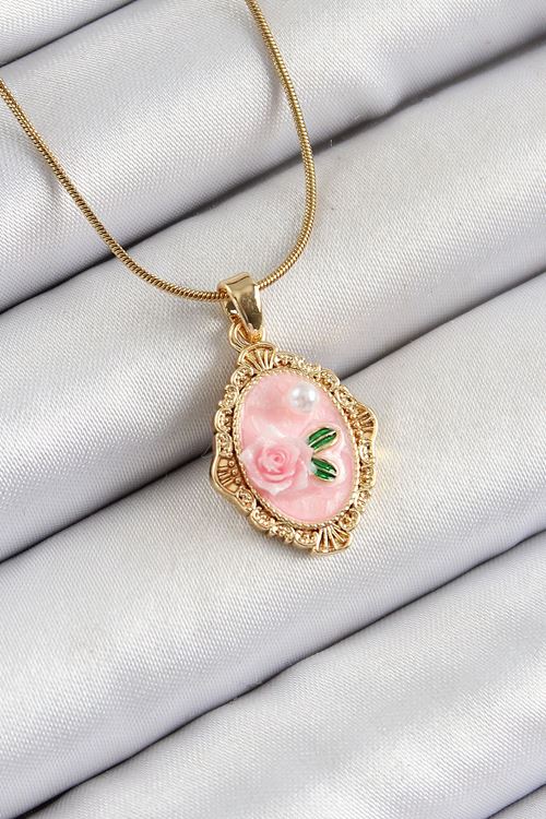 YRTCL 316L Çelik Zincir Pembe Sanatsal Portre İnci Detaylı Gül Figürlü Model Gold Renk Kadın Kolye