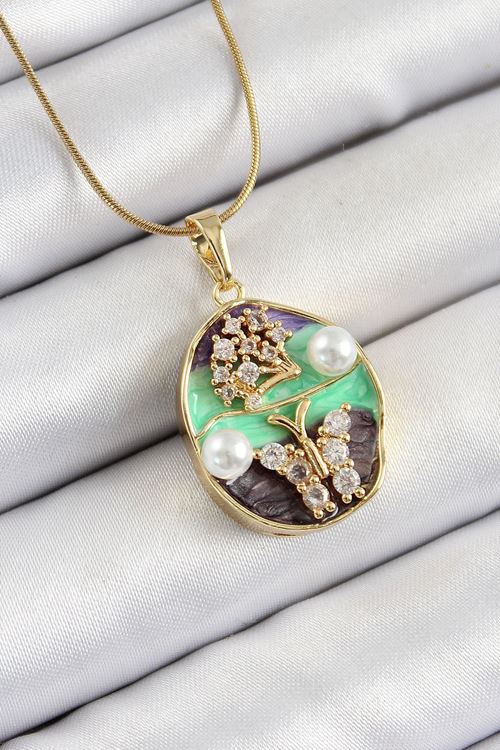 YRTCL 316L Çelik Zincir Zirkon Taşlı Yeşil Mor Sanatsal Portre İnci Detaylı Ağaç Ve Kelebek Figürlü Model Gold Renk Kadın Kolye