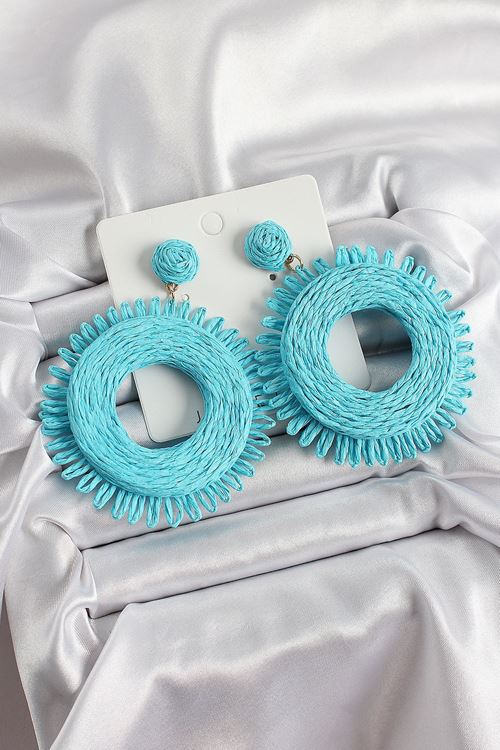 YRTCL Mavi Püsküllü Halka Figürlü Hasır Örgü Model Gold Renk Kadın Küpe