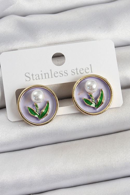 YRTCL Pirinç Mor Mineli Lale Figürlü Sanatsal Portre Model Gold Renk Kadın Küpe