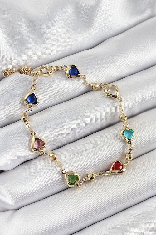 YRTCL Pirinç Asorti Kalp Model Gold Renk Zirkon Taşlı Kadın Bileklik