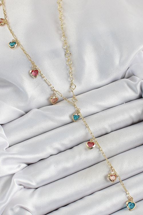 YRTCL Pirinç Asorti Kalp Model Gold Renk Zirkon Taşlı Y Kolye