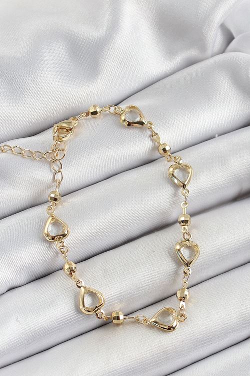 YRTCL Pirinç Şeffaf Kalp Model Gold Renk Zirkon Taşlı Kadın Bileklik