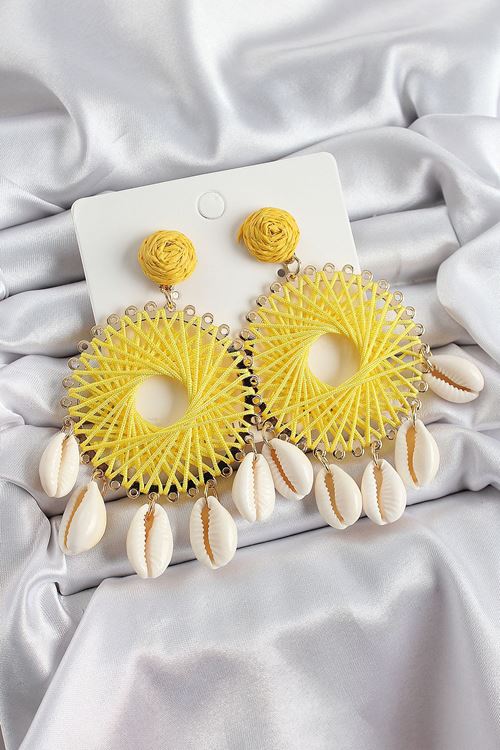 YRTCL Sarı Hasır Örgü Sarmal Model Sallantılı Deniz Kabuğu Detaylı Gold Renk Kadın Küpe