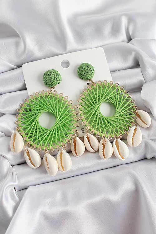 YRTCL Yeşil Hasır Örgü Sarmal Model Sallantılı Deniz Kabuğu Detaylı Gold Renk Kadın Küpe
