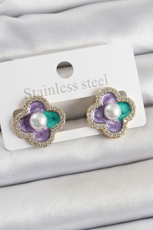 YRTCL Pirinç Mor Mineli İnci Detaylı Zirkon Taşlı Sanatsal Portre Yonca Model Gold Renk Kadın Küpe