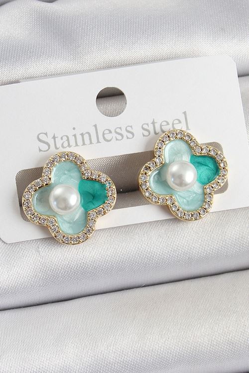 YRTCL Pirinç Yeşil Mineli İnci Detaylı Zirkon Taşlı Sanatsal Portre Yonca Model Gold Renk Kadın Küpe