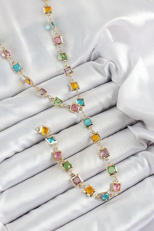 YRTCL Pirinç Asorti Kare Model Gold Renk Zirkon Taşlı Y Kolye