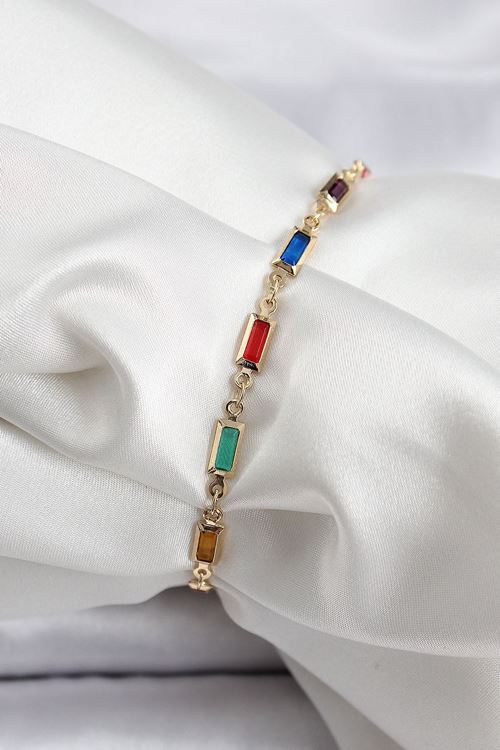 YRTCL Pirinç Gold Renk Karışık Renkli Kare Zirkon Taşlı Kadın Bileklik