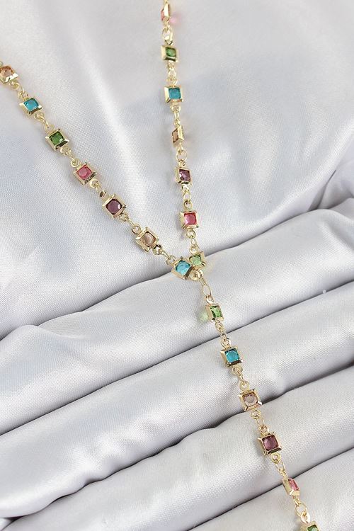 YRTCL Pirinç Asorti Kare Model Gold Renk Zirkon Taşlı Y Kolye