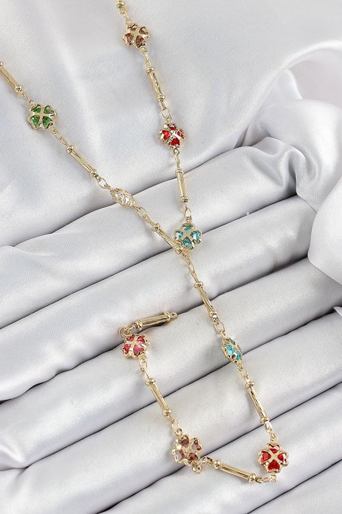 YRTCL Pirinç Asorti Kalpli Yonca Model Gold Renk Zirkon Taşlı Y Kolye