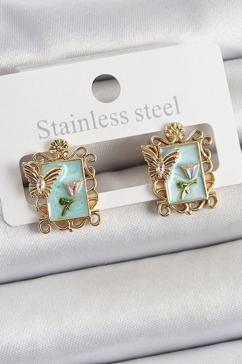 YRTCL Pirinç Yeşil Mineli Sanatsal Portre Model Gold Renk Kadın Küpe