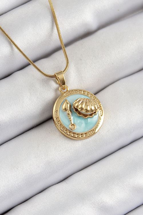 YRTCL 316L Çelik Zincir Turkuaz Mineli Sanatsal Portre İstiridye Model Gold Renk Kadın Kolye