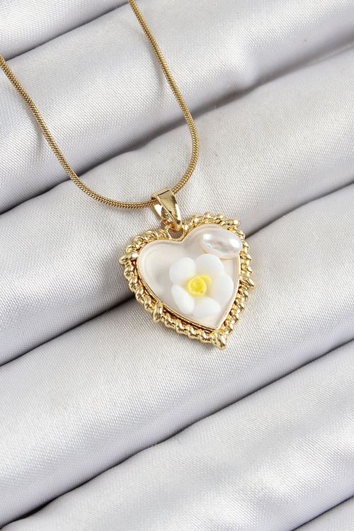 YRTCL 316L Çelik Zincir Beyaz Sanatsal Portre İnci Detaylı Papatya Figürlü Kalp Model Gold Renk Kadın Kolye