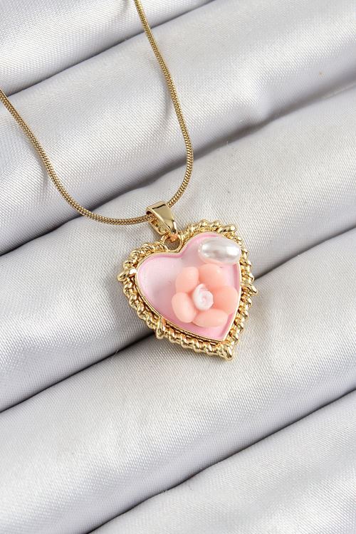 YRTCL 316L Çelik Zincir Pembe Sanatsal Portre İnci Detaylı Papatya Figürlü Kalp Model Gold Renk Kadın Kolye