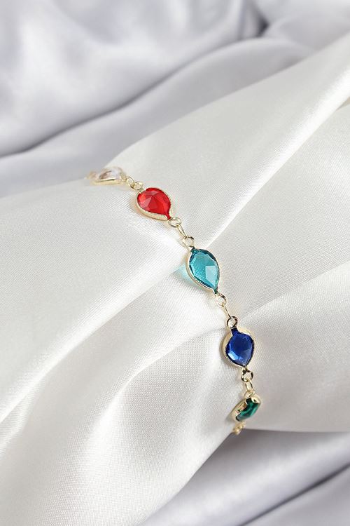 YRTCL Pirinç Gold Renk Karışık Renk Damla Zirkon Taşlı Kadın Bileklik