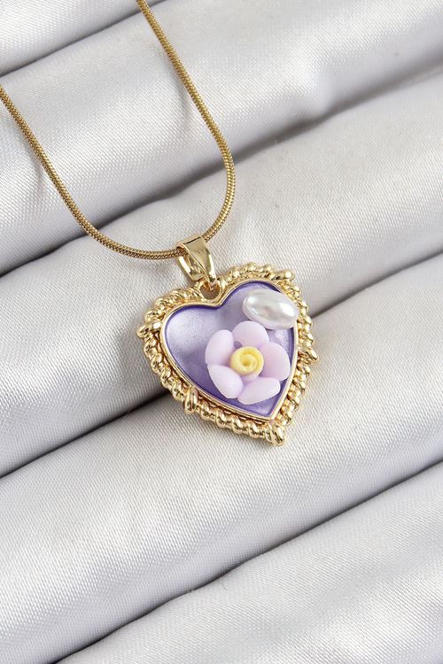 YRTCL 316L Çelik Zincir Mor Sanatsal Portre İnci Detaylı Papatya Figürlü Kalp Model Gold Renk Kadın Kolye