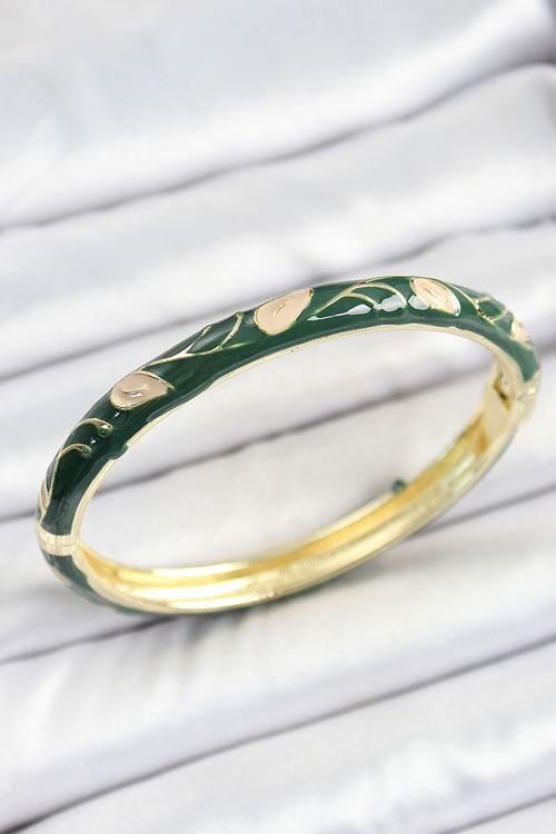 YRTCL Mineli Pirinç Gold Renk Yeşil Çiçek Motifli Kadın Kelepçe