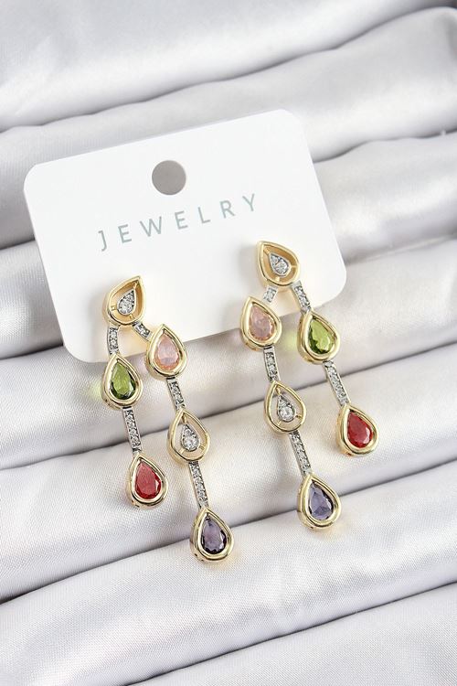 YRTCL Pirinç Çoklu Damla Model Karşık Zirkon Taşlı Gold Ve Gümüş Renk Kadın Küpe