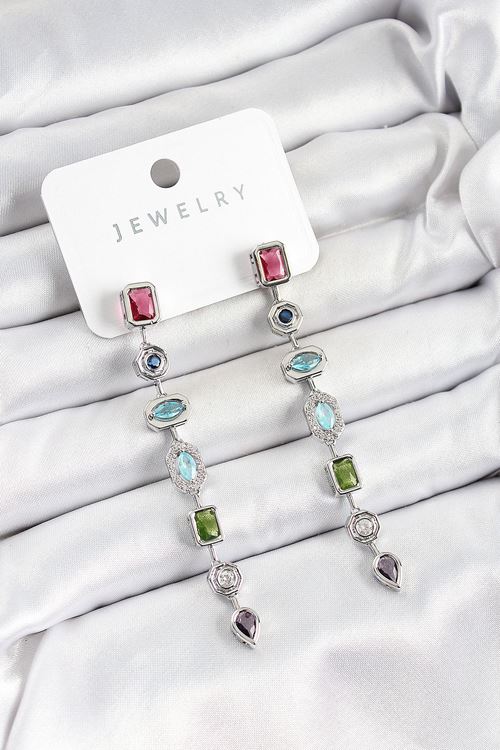 YRTCL Pirinç Renkli Zirkon Taşlı Sallantılı Model Gümüş Renk Kadın Küpe