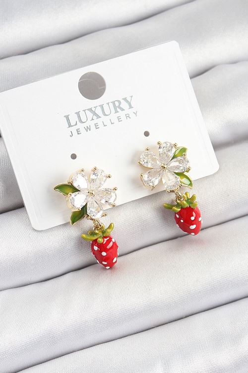 YRTCL Pirinç Mineli Zirkon Taşlı Çiçek Model Sallantılı Çilek Detaylı Gold Renk Kadın Küpe