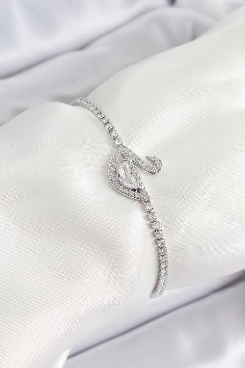 YRTCL Pirinç Gümüş Renk Zirkon Taşlı Kuğu Model Kadın Bileklik