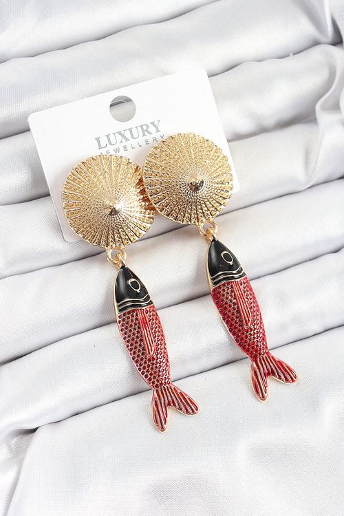 YRTCL Pirinç Sallantılı Zirkon Taşlı Kırmızı Siyah Balık Model Gold Renk Kadın Küpe