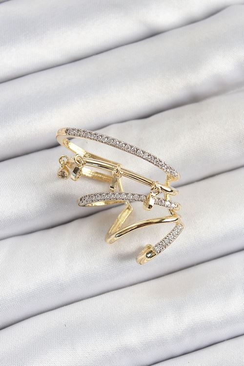 YRTCL Pirinç Zirkon Taşlı Sıkıştırma Sağ Kıkırdak Gold Renk Kadın Küpe