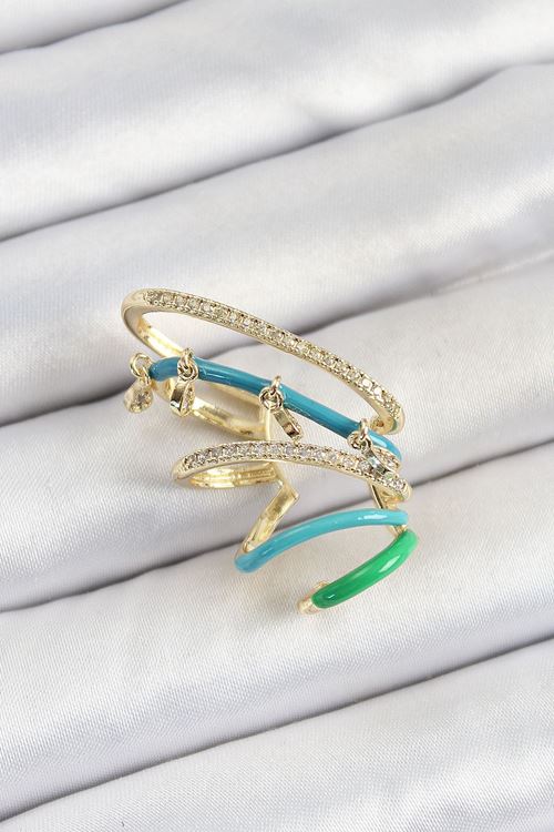 YRTCL Pirinç Zirkon Taşlı Mavi Yeşil Sıkıştırma Sağ Kıkırdak Gold Renk Kadın Küpe