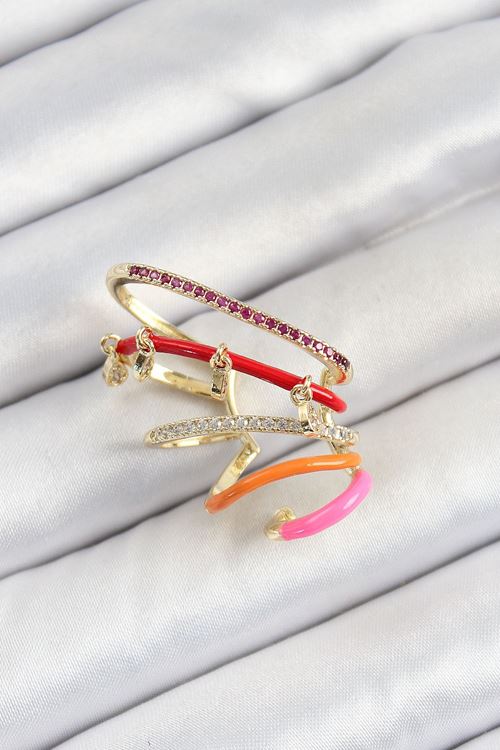 YRTCL Pirinç Zirkon Taşlı Kırmızı Turuncu Pembe Sıkıştırma Sağ Kıkırdak Gold Renk Kadın Küpe