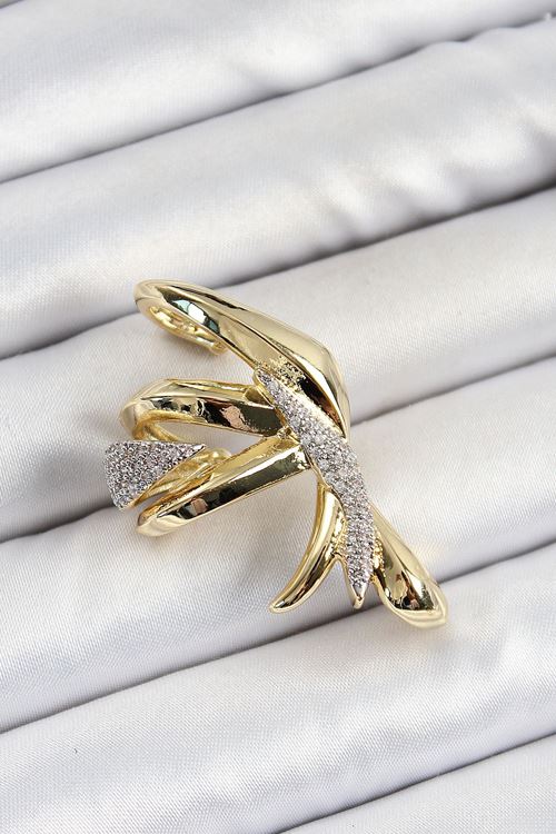 YRTCL Pirinç Zirkon Taşlı Sıkıştırma Sağ Kıkırdak Gold Renk Kadın Küpe