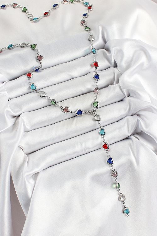 YRTCL Pirinç Gümüş Renk Karışık Renk Zirkon Taşlı Kalpli Y Kadın Kolye