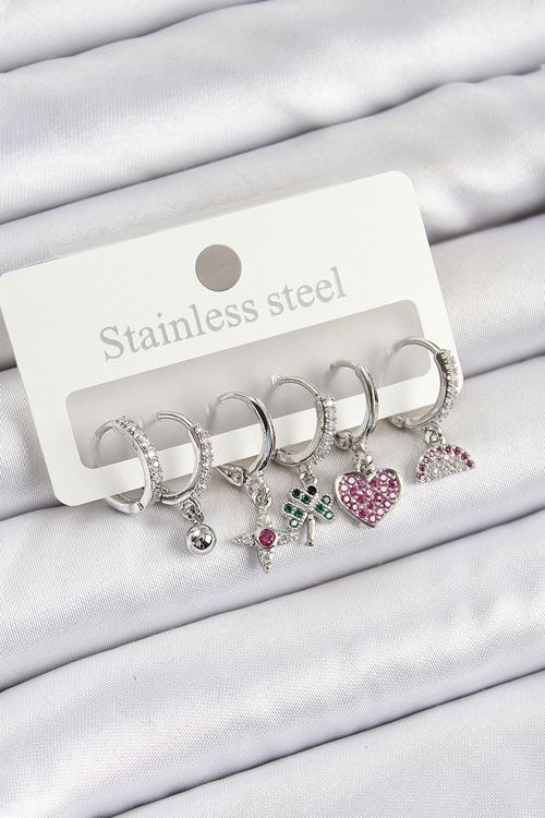 YRTCL Pirinç Zirkon Taşlı Karpuz Yonca Kalp Pusula Karışık Model Gümüş Renk 6'lı Set Kadın Küpe