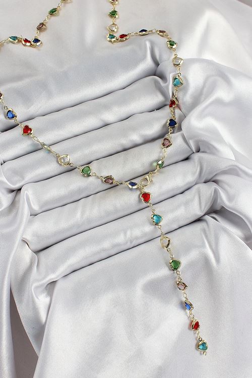 YRTCL Pirinç Gold Renk Karışık Renk Zirkon Taşlı Kalpli Y Kadın Kolye