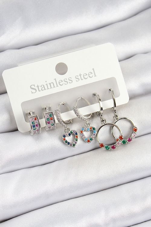 YRTCL Pirinç Zirkon Taşlı Kalp Ve Halka Model Gold Renk 6'lı Set Kadın Küpe