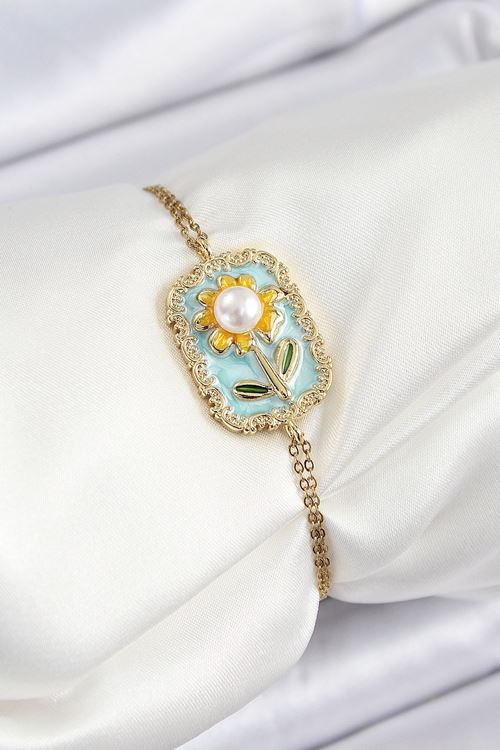 YRTCL 316L Çelik Zincir Turkuaz Mineli Sanatsal Portre İnci Detaylı Papatya Model Gold Renk Kadın Bileklik