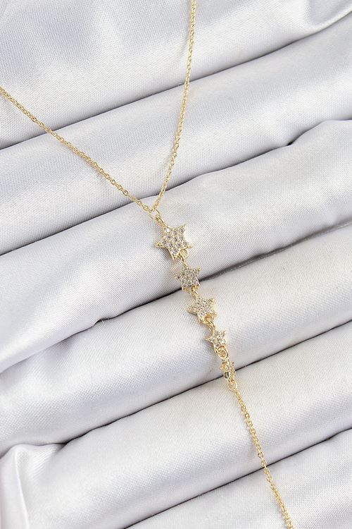 YRTCL Pirinç Zirkon Taşlı Sıralı Yıldız Figürlü Y Model Gold Renk Kadın Kolye