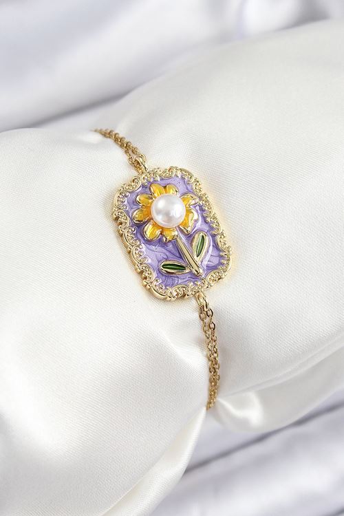 YRTCL 316L Çelik Zincir Mor Mineli Sanatsal Portre İnci Detaylı Papatya Model Gold Renk Kadın Bileklik