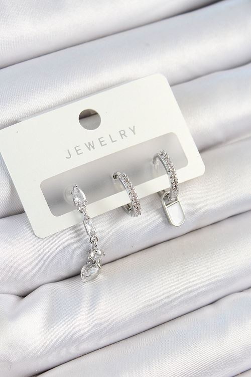 YRTCL Pirinç Zirkon Taşlı Sallantılı Model Gümüş Renk 3'lü Çift Kadın Küpe Set