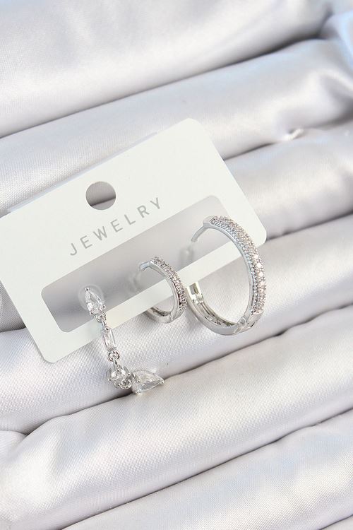 YRTCL Pirinç Zirkon Taşlı Sallantılı Model Gümüş Renk 3'lü Çift Kadın Küpe Set